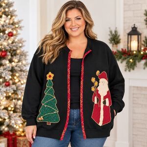 Vintage 90s Jerzees Christmas Sweatshirt Cardigan 2X Santa Tree USA Retro
